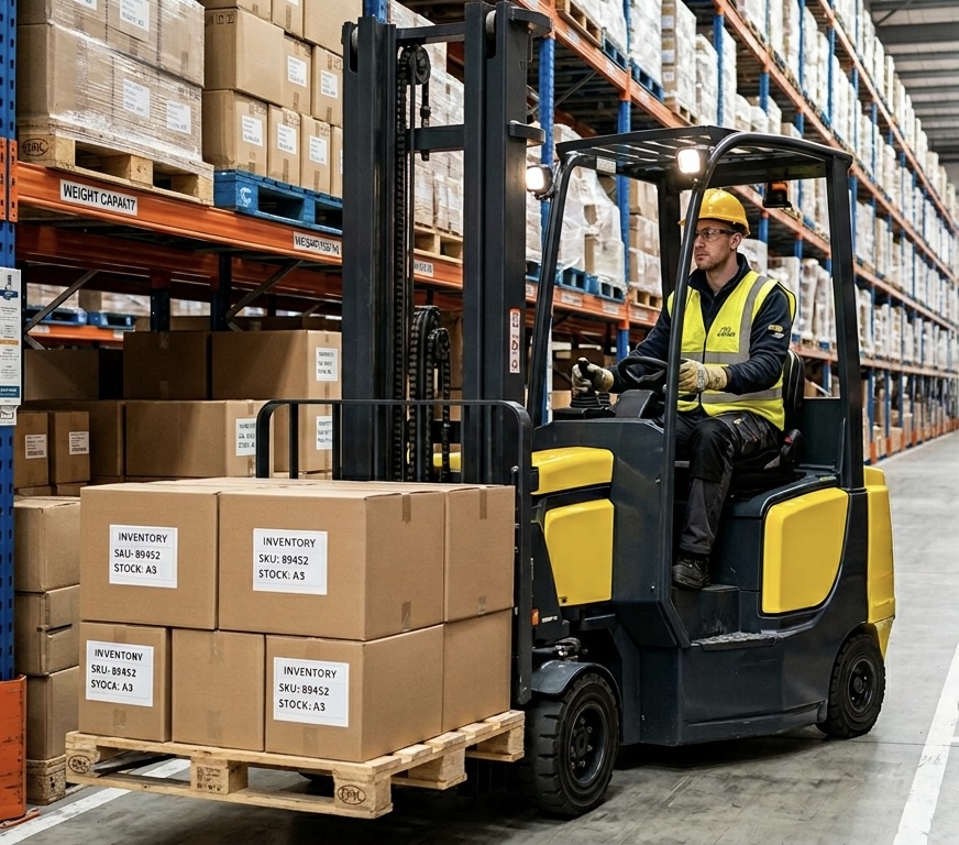 Counterbalance forklift operator moving palletised stock through a warehouse aisle in Cambridge